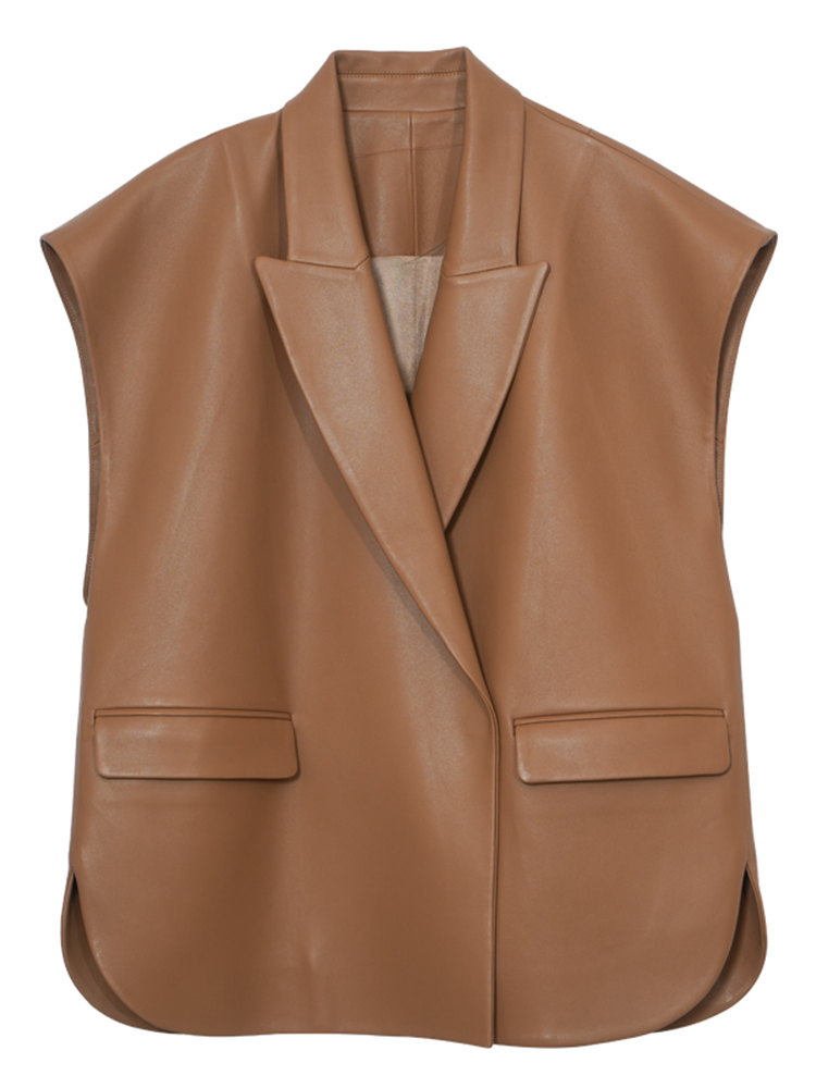 Lautaro-dames licht zacht kunstleer vest, revers, , luxe, ontwerper, mouwloos jasje, lente, herfstmode, zwart: L / Champagne