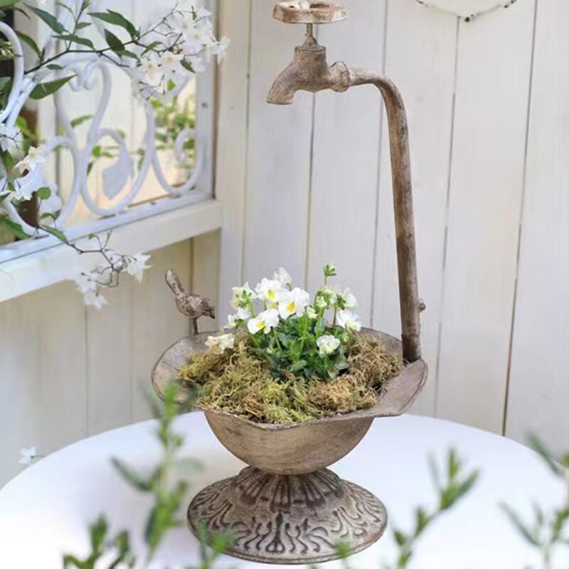 Outdoor Tuin Vogelbad Spa Met Metalen Kraan Bloempot Bad Tuindecoratie Wastafel Tuinieren Boodschappen Vogel Wastafel