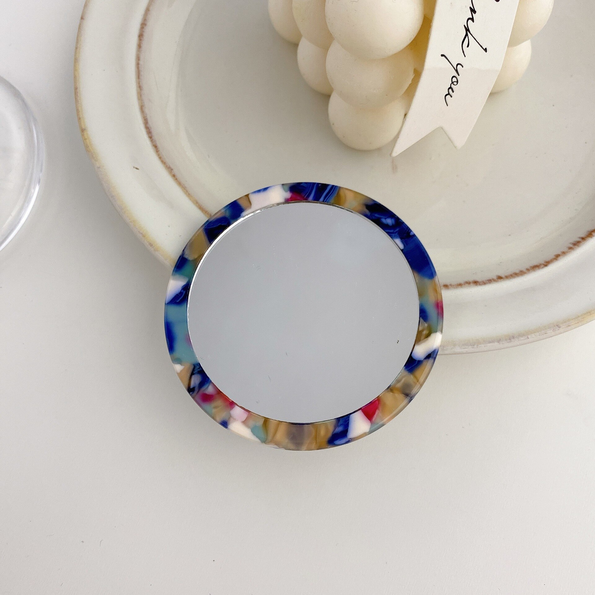Miroir géométrique rétro en plaque d&#39;acide acétique, coréenne, petit miroir rond Portable, maquillage quotidien, petit miroir Portable: Broken flower blue