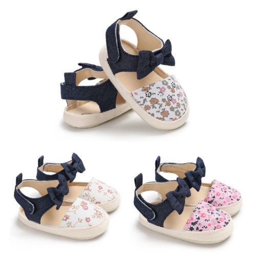 Toddler Baby Girl Shoes Bowknot Crib Shoes Newborn Prewalker Floral Non-slip Kids Soft Sole Sandals Baby Girls