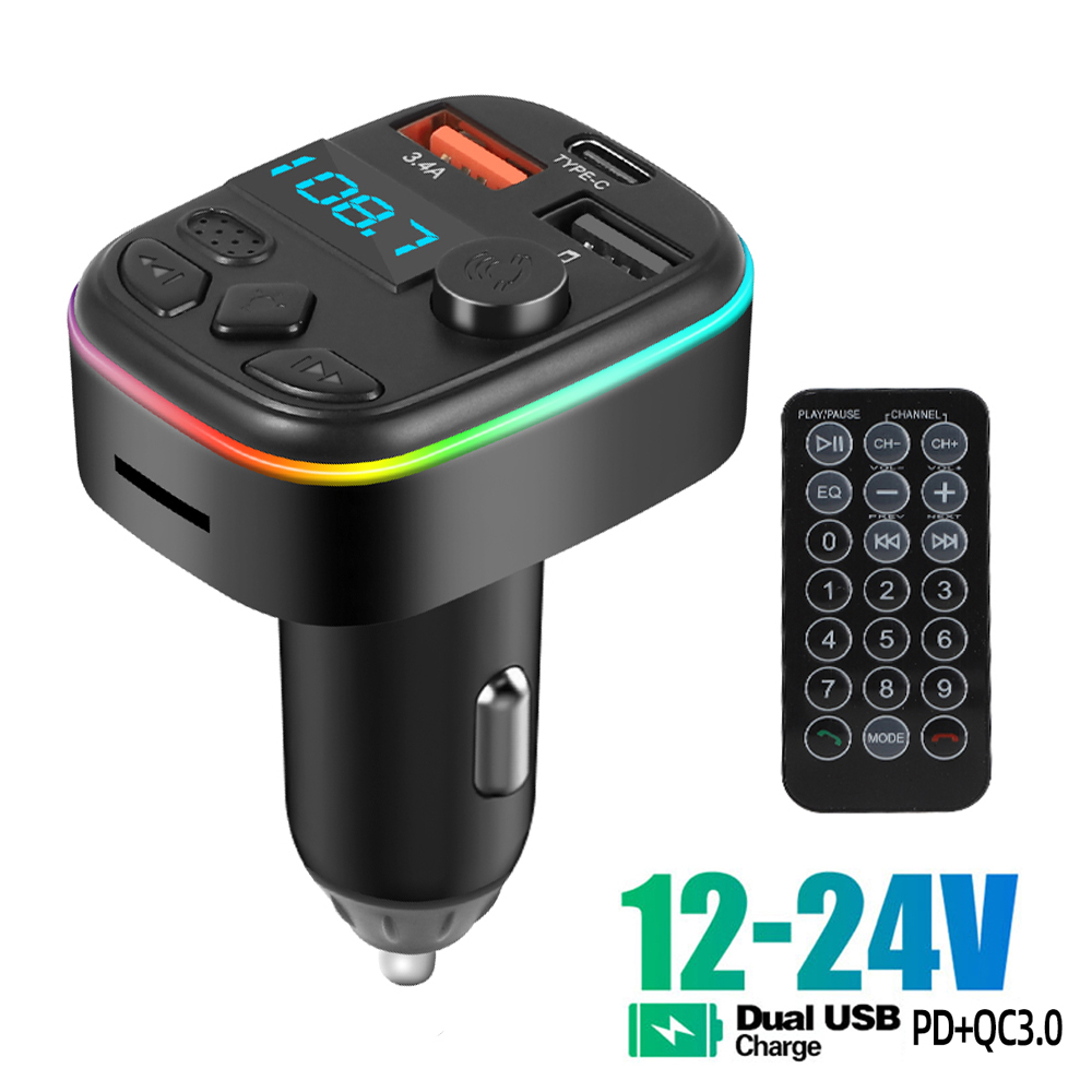 Auto Bluetooth 5.0 Fm-zender Handsfree Carkit Met PD 20W Type-C Dual USB 3.4A Snelle oplader Omgevingslicht Sigarettenaansteker: Black