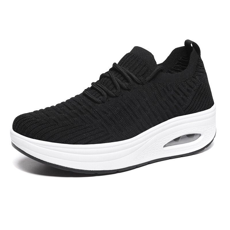Obuwie damskie platforma trampki na koturnie 2020 oddychająca wysokość zwiększenie obuwie Casual Lace Up damskie buty Fitness kliny obuwie: black women shoes / 8.5