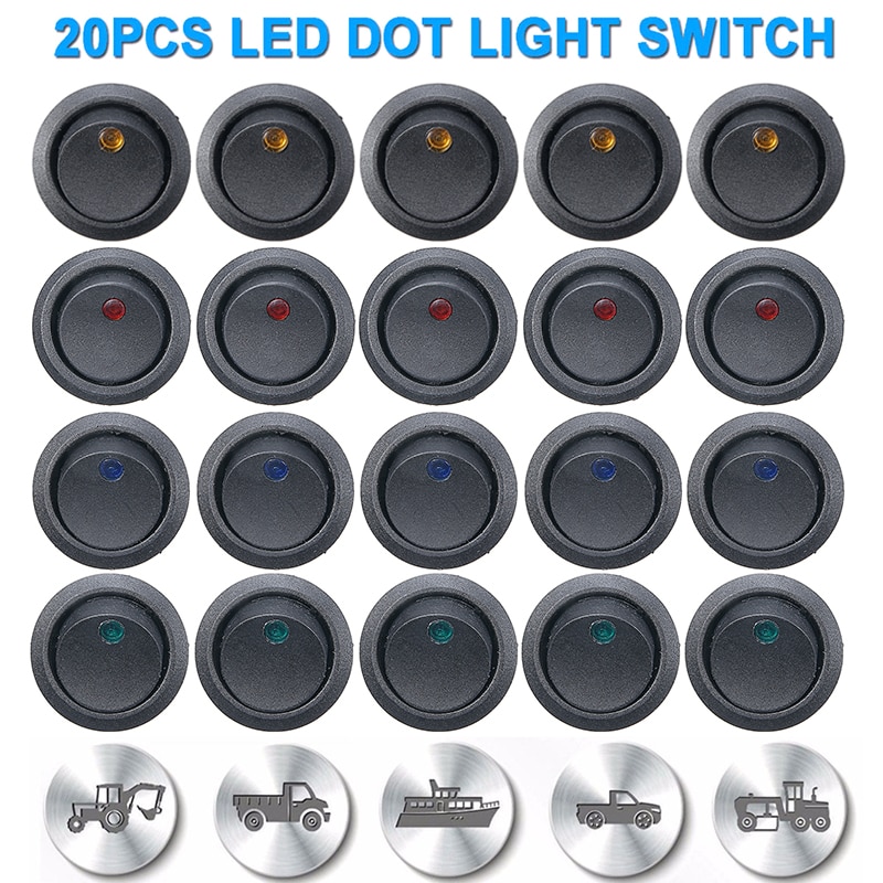 20x Car Pushbutton Switch ON/OFF Round Rocker Switch LED Car Dashboard Dash Boat 12V Waterproof Cap