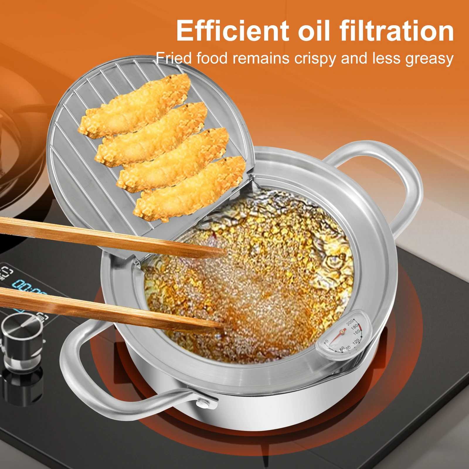 Deep Fryer with Thermometer and Oil Drip Drainer Rack Stainless Steel Frying Pot Multifunctional Japanese Style Deep Fryer Pot