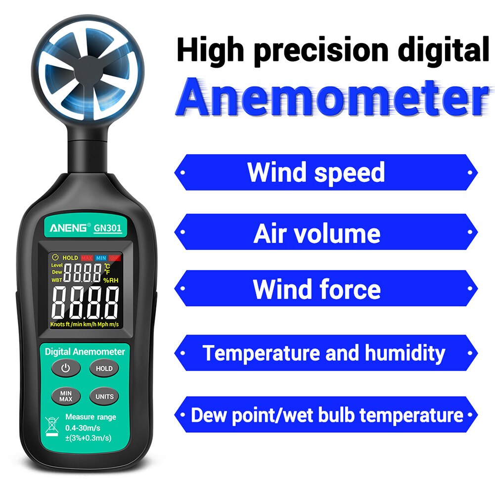 Medidor handheld BT-100 da velocidade do vento do anemômetro de digitas para medir a velocidade do vento, temperatura e frio do vento com luz de fundo lcd