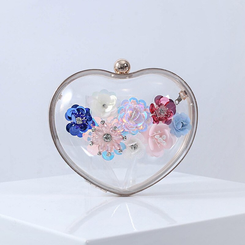 Transparent Women Evening Bag Socialite Flower Handbag Heart Mini Package Wedding Party Bride Clutch Night Purse Chains Bag: Default Title