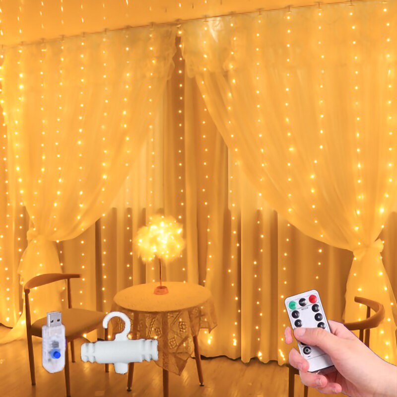 Cadena de luces alimentadas por USB para cortina, luces tipo Hada a prueba de agua, 8 modos de iluminación, luces de Control remoto para Navidad, dormitorio,: Warm white / 3m x 2m
