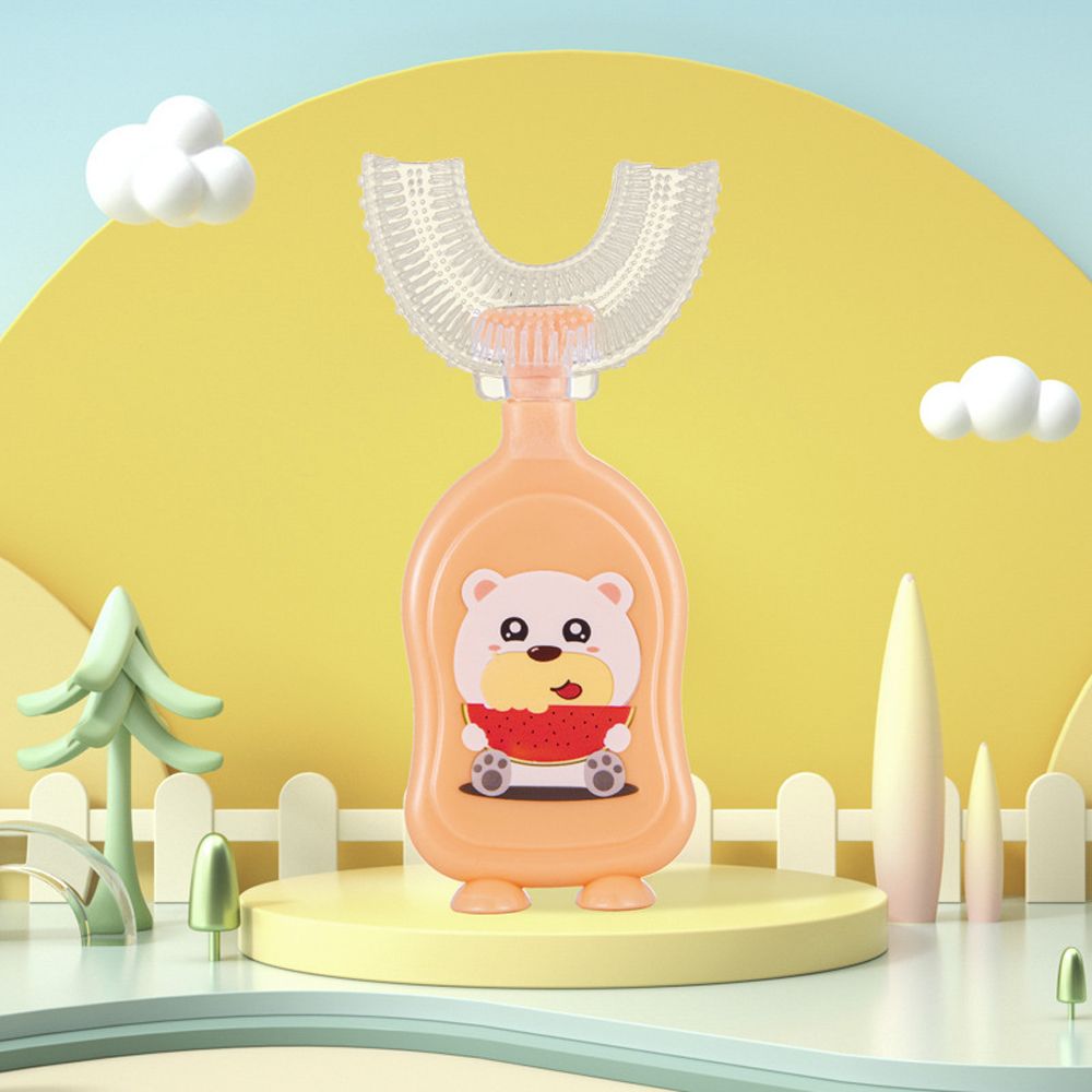 2-13 anni nuovo simpatico orso anatra bocca contenente tipo manuale a forma di U pulizia a 360 gradi massaggio spazzolino da denti in Silicone: orange-Bear