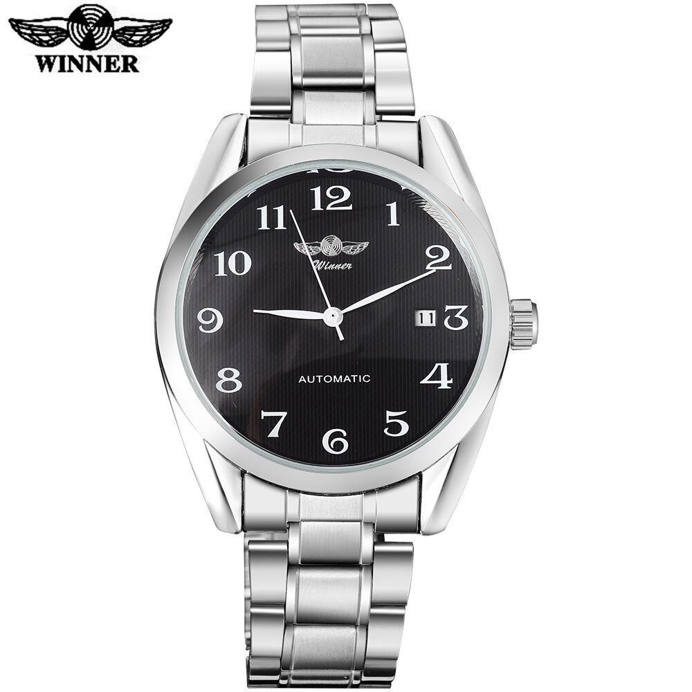 Winnaar Beroemde Mannen Mode Automatische Zelf Wind Horloges Witte Wijzerplaat Transparant Glas Silver Case Roestvrij Stalen Band: black