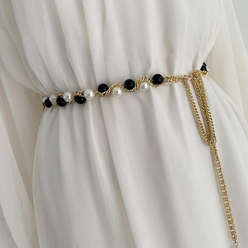 Pearl Women Chain Belt Shell Metal Lady Waist Belts Thin Slim Dress Long Waistbands Straps Banquet Wedding: black