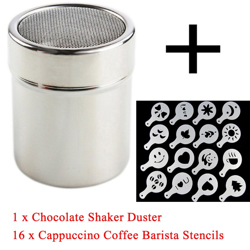 1pc rustfrit stål chokolade shaker kakaomel kaffe sigter +16 stk kaffe skabelon strew blomsterpude spray kunst kaffe værktøjer zxh: 1 støvstof 16 støbeform