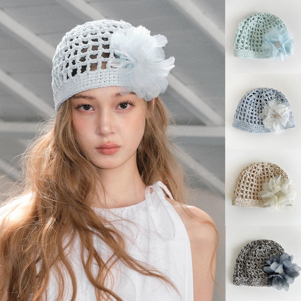 Handmade Crochet Flower Hat Thin Korean Beanies Hat Bohemian Style Ethnic Style Hollow Out Knitted Hat Apparel Accessories