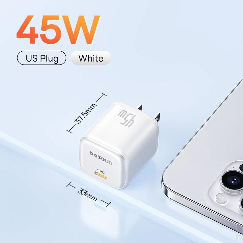 Baseus 45W PD-oplader voor iPhone 16-serie GaN-oplader Type C USB-oplader Draagbare snellader voor iPhone 15 Pro: ons