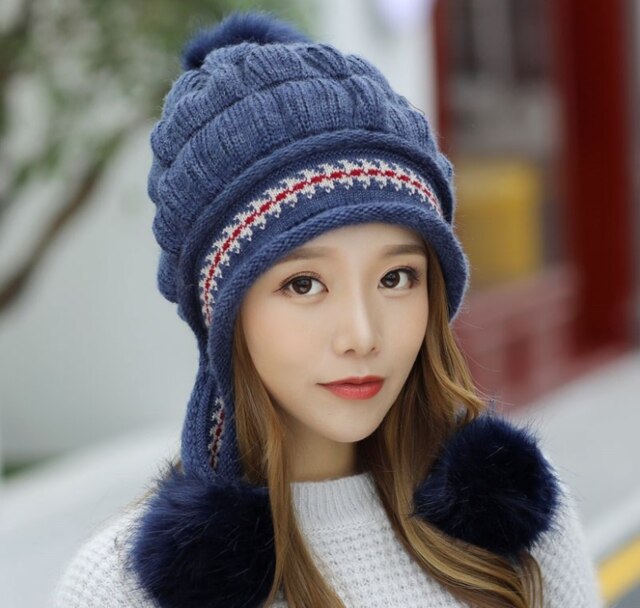 Damesmuts herfst/winter wollen muts drie wollen bolletjes rug open gebreide muts plus fluwelen dikke gebreide muts gratis verzending: Blauw