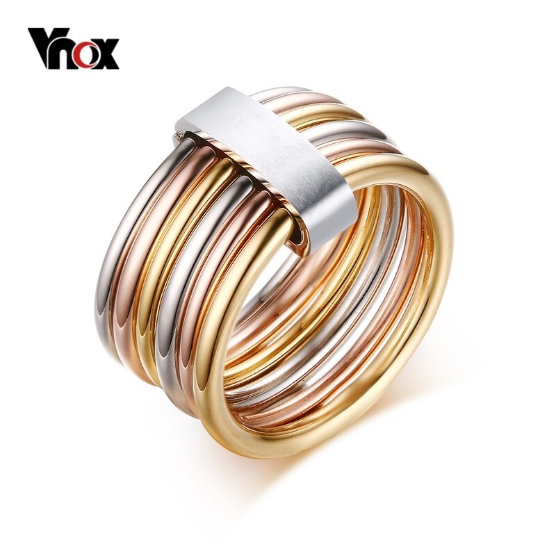 Vnox Mode 6 Plain Bands Vergrendeld Gestapeld Wide Verklaring Cocktail Ringen Voor Vrouwen Drie Kleuren Femme Ring Set