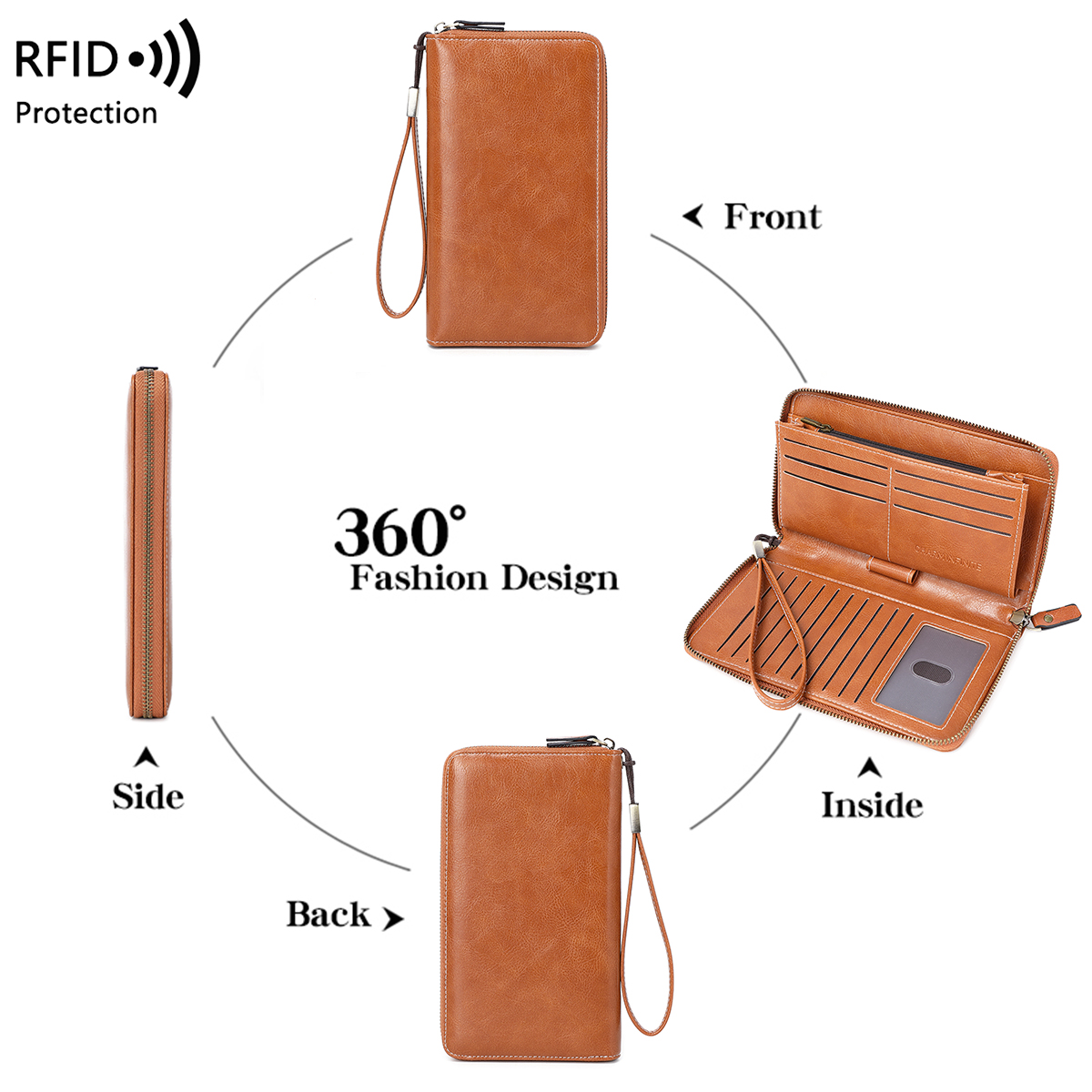 RFID anti-diefstal borstel portemonnee voor dames, meerdere sleuven, vintage, grote capaciteit, multifunctionele, stijlvolle clutch met polsband