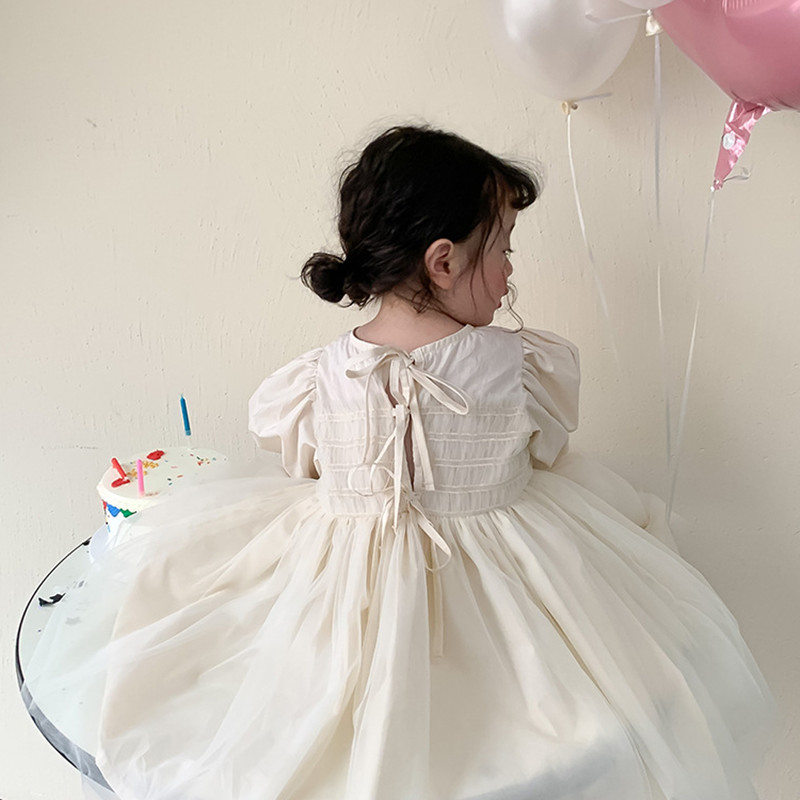 2022 Spring Korean Style Baby Girls Princess Dresses Puff Sleeve Solid Color Ball Gown Toddlers Kids Party Dress