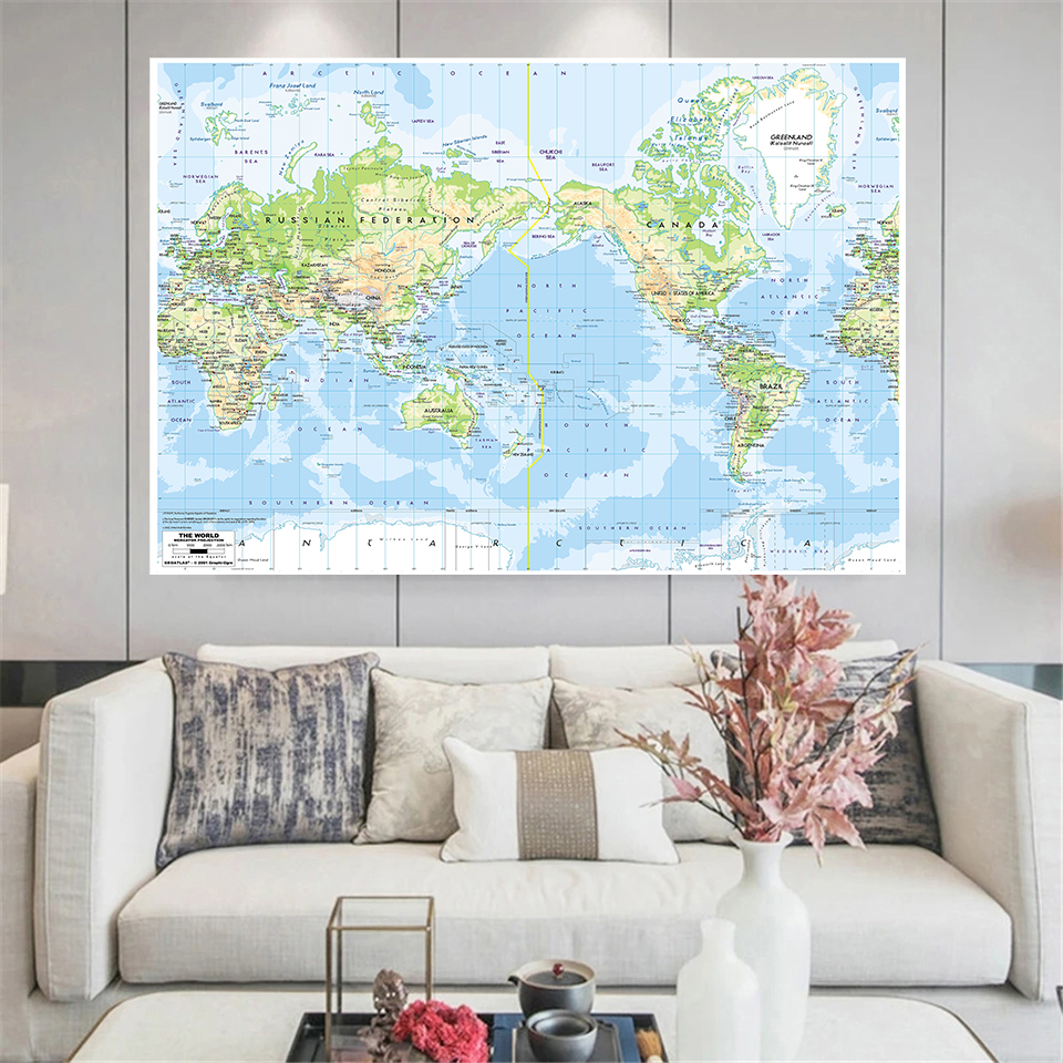 225*150cm The World terrain Map Large Wall Art Poster Non-woven Canvas Painting Kids School Supplies Classroom Home Decor