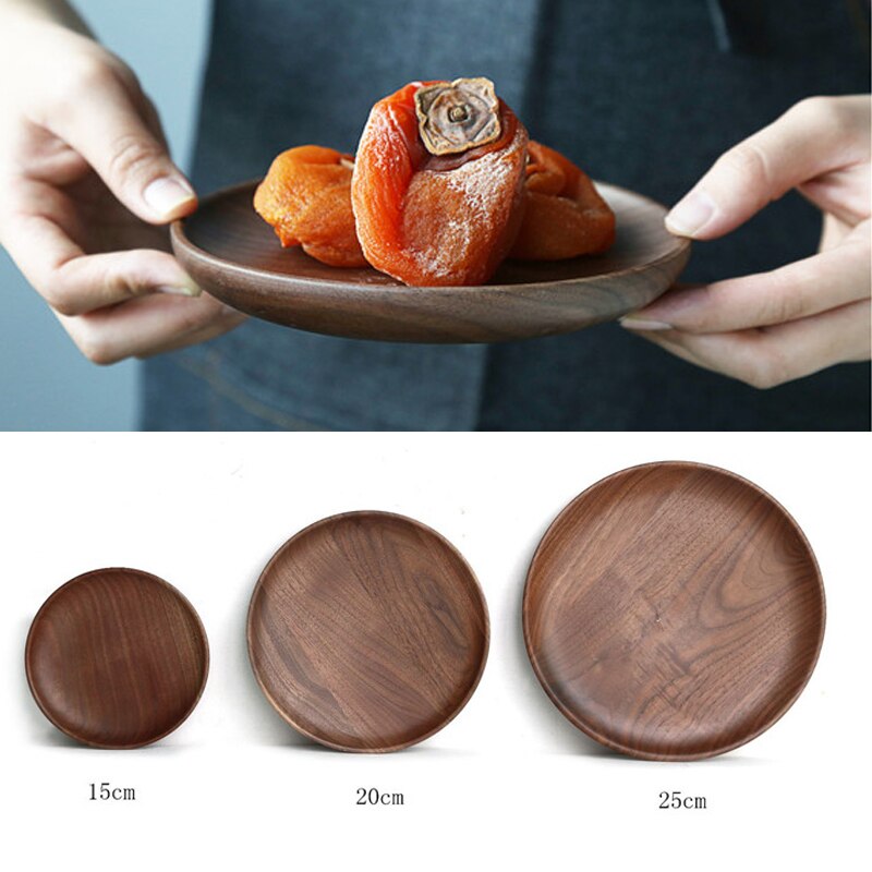 Black Walnut Wood Plate DIY Round Wooden Food Serving Plate Dishes Fruit Tray Dessert Dinner Breakfast Bread Plate Tableware Set