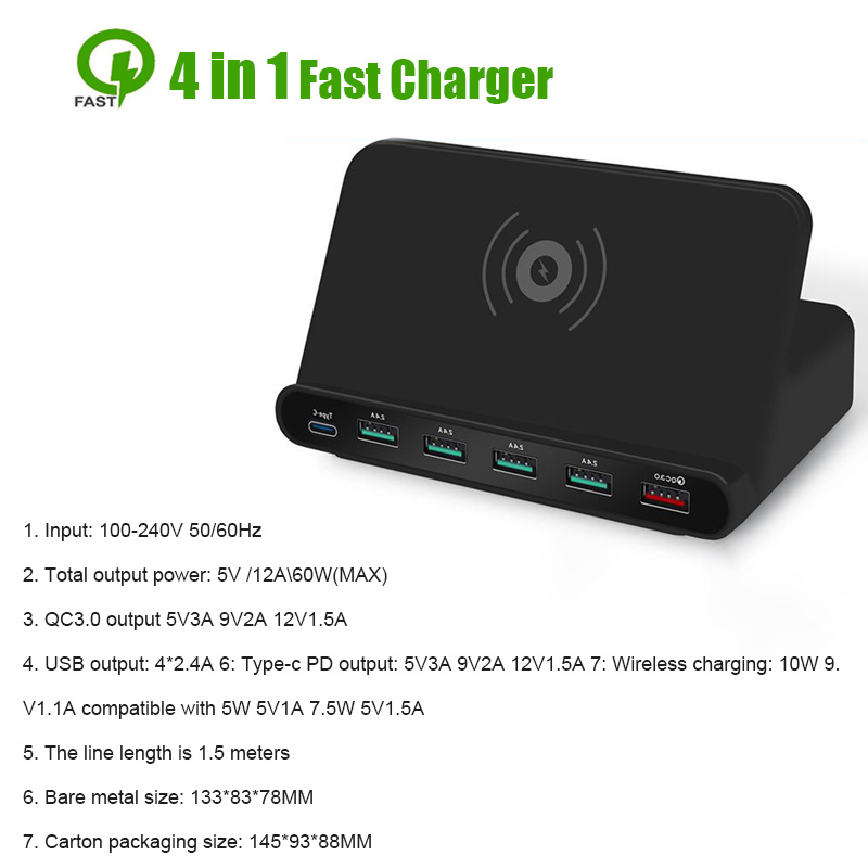 Multi-Port Usb Charger Draadloos Opladen Dock Type C QC3.0 Port Smart Snel Opladen Draagbare Reizen Snelle Charger Us Eu uk Plug