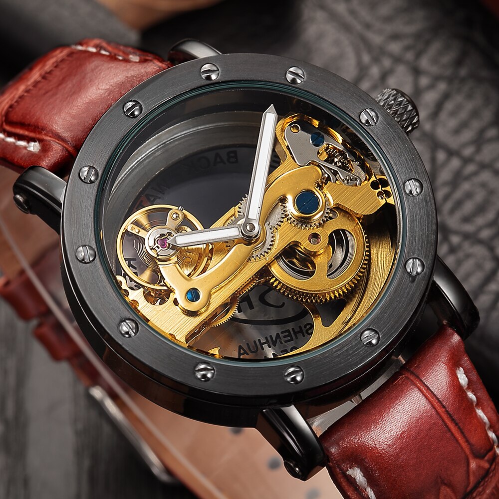 SHENHUA mannen Bridge Analoge Weergave Mechanische Horloge Skeleton Automatische Zelf Wind Man Klok Lederen Band Relogio Masculino