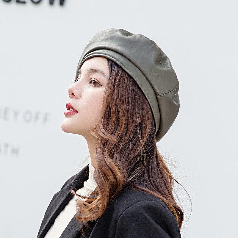 Béret en cuir à la pour femme | Béret, chapeau britannique pour femme, chapeau à casquettes, automne hiver: Vert armée