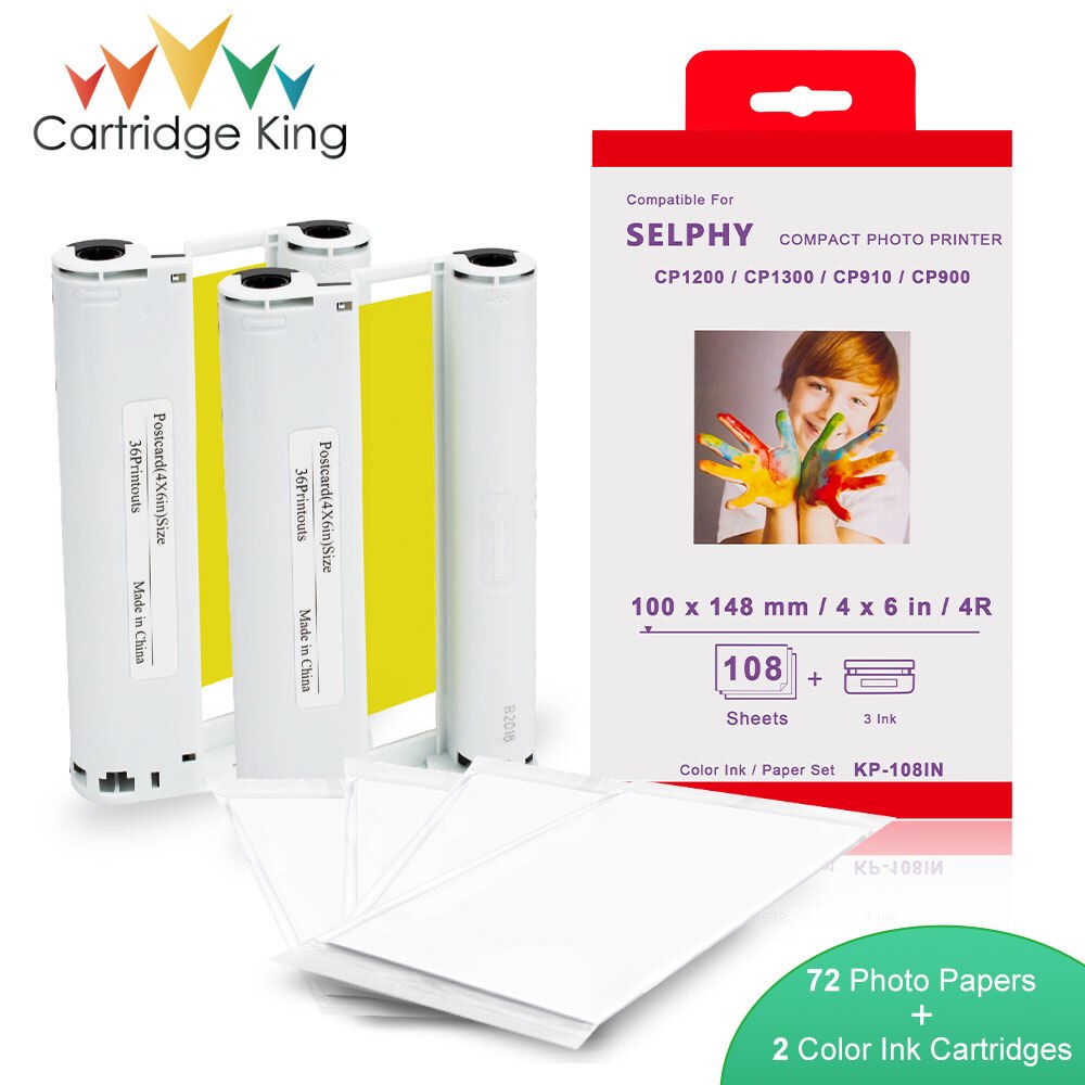 Farge blekk papir sett  cp1300 for canon selphy printer  cp1200 c1000 cp910 cp900 kp 108in kp -36in 2pk blekk 72 ark fotopapir