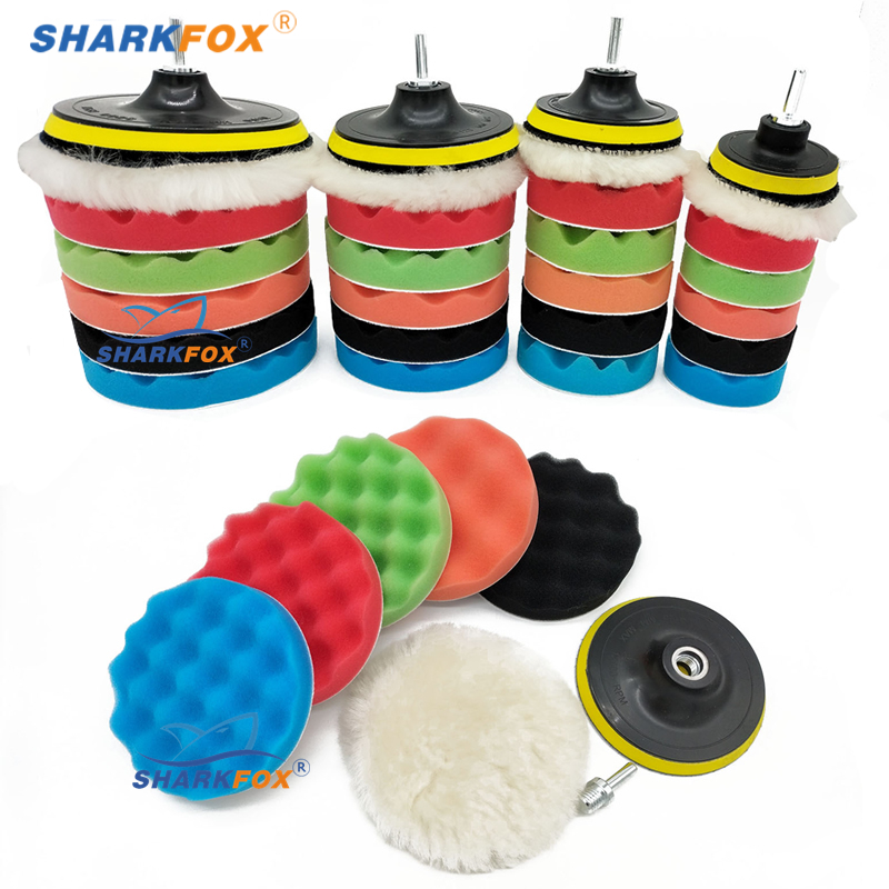 Sharkfox-Kit de almohadillas de esponja para pulir autos, Kit de almohadillas de espuma, máquina pulidora, almohadillas de cera para automóviles, motocicletas, vehículos de Motor, elimina