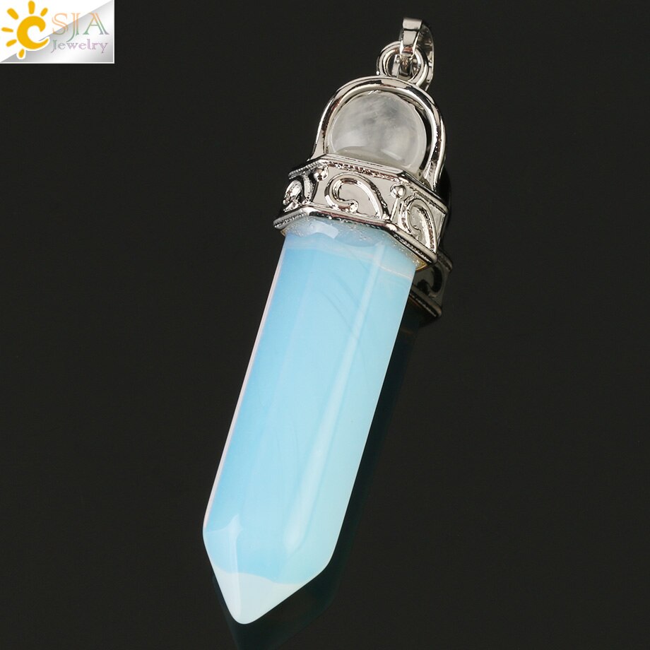 CSJA-colgante de piedra Natural para hombre y mujer, columna hexagonal puntiaguda, pilar de Cristal púrpura blanco y rosa, collares, G287: Opal