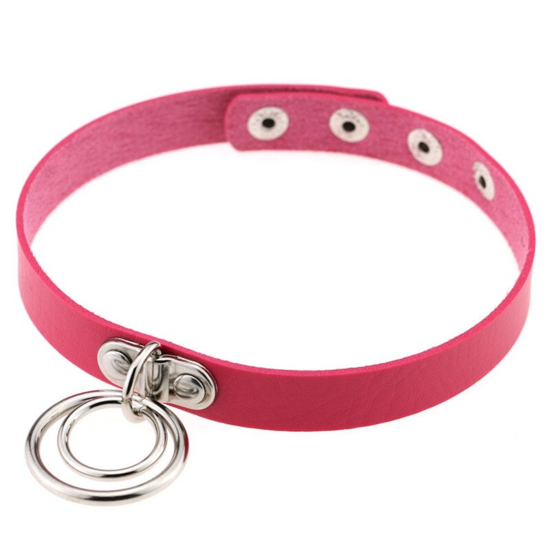 Popular Choker Collar Necklace Double Ring O Leather Gothic Bracelet Women: rose red