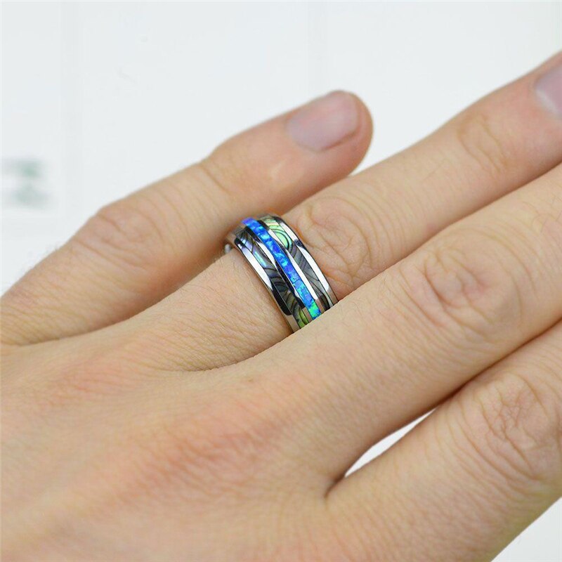 8Mm Blauw Mode Mannen Ringen Abalone Shell Rvs Rings Wedding Bands Christmas Party Voor Mannen Sieraden