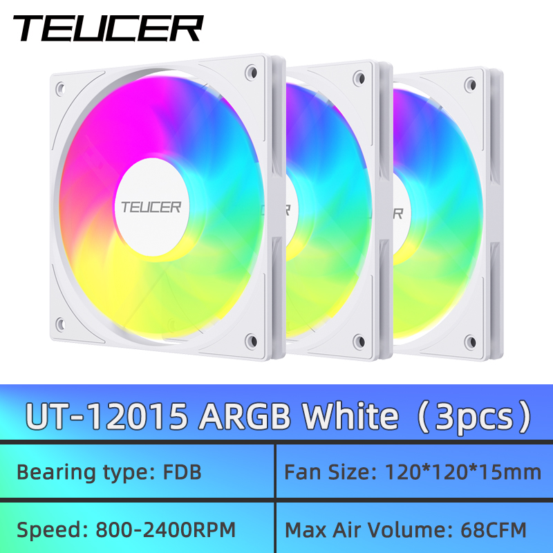 TEUCER UT-12015 ARGB Fan 120mm Thin Computer Fan FDB Bearing ARGB Lighting Effect Silent Cooling Suitable for Chassis CPU Fan: GOLD