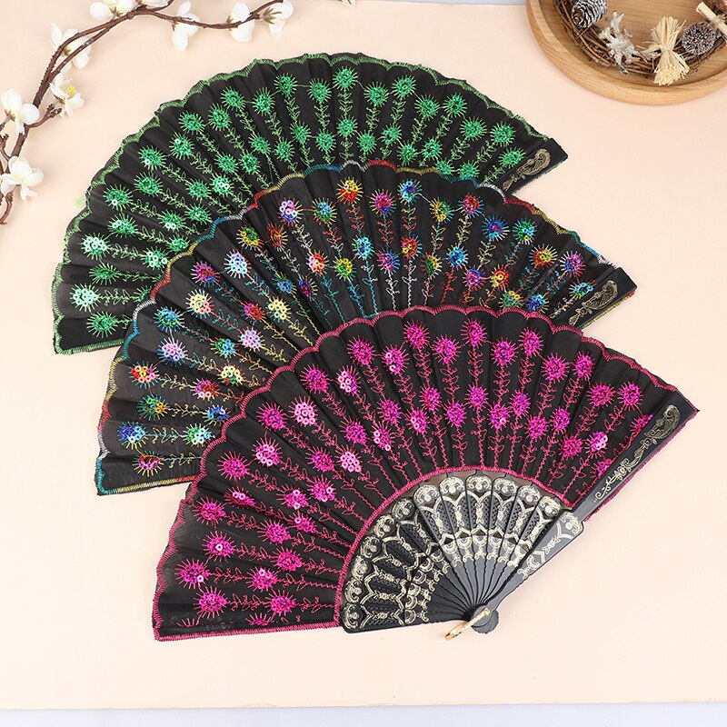 Silk Fan Folding Fan Wedding Art Peacock Sequin Dancing Fan Hand Held Fan