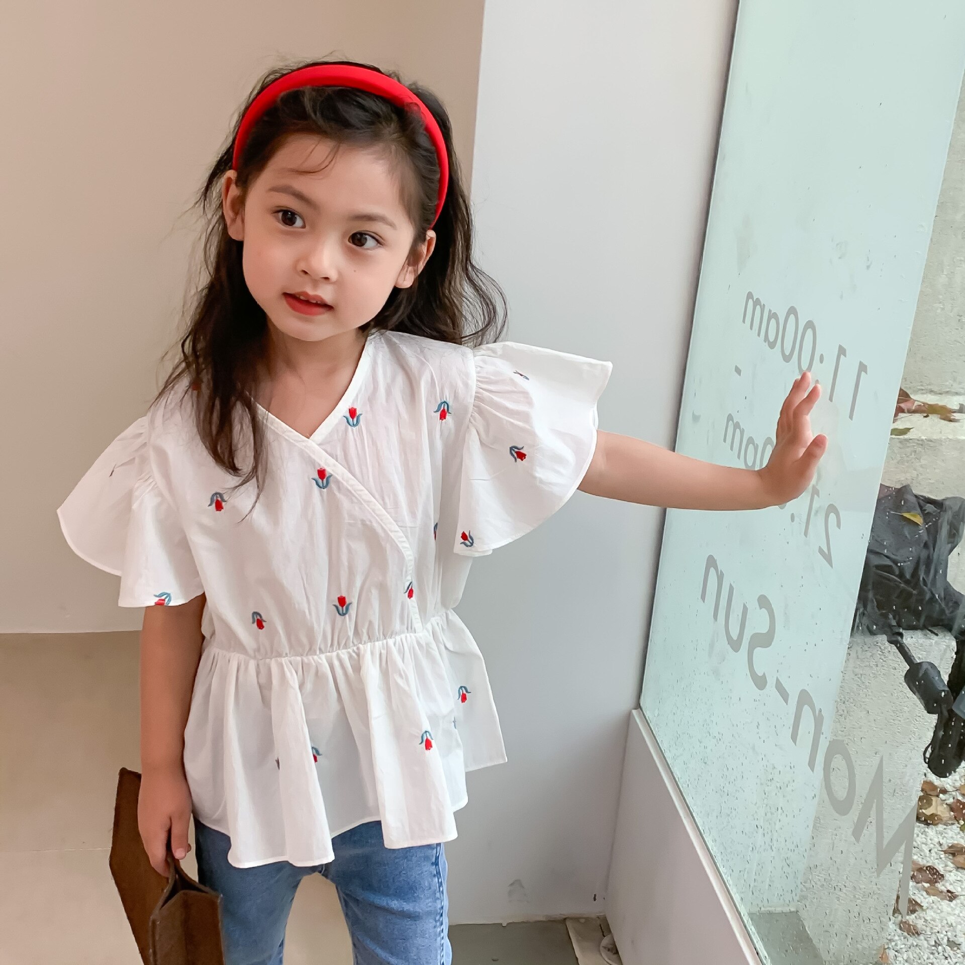 Camisas para niñas, ropa de verano para niños, Blusa de manga voladora con bordado de flores para bebés, camisa suelta informal de algodón, Tops