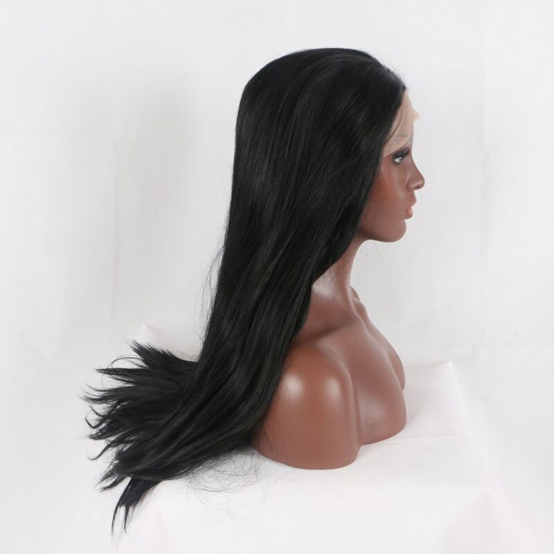Bombshell preto em linha reta cabelo sintético peruca dianteira do laço natural linha fina resistente ao calor fibra cabelo médio de separação para perucas femininas