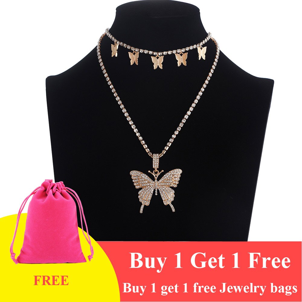 Layered Butterfly Necklace Chain Set Luxury Rhinestones Choker Women Jewellery Pendant Statement Jewelry Bulk: gold color