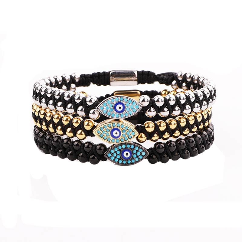 Women Men Bracelet Stainless Steel Beads Blue CZ Eye Charm Braided Macrame Beaded Friendship Bracelet Lucky