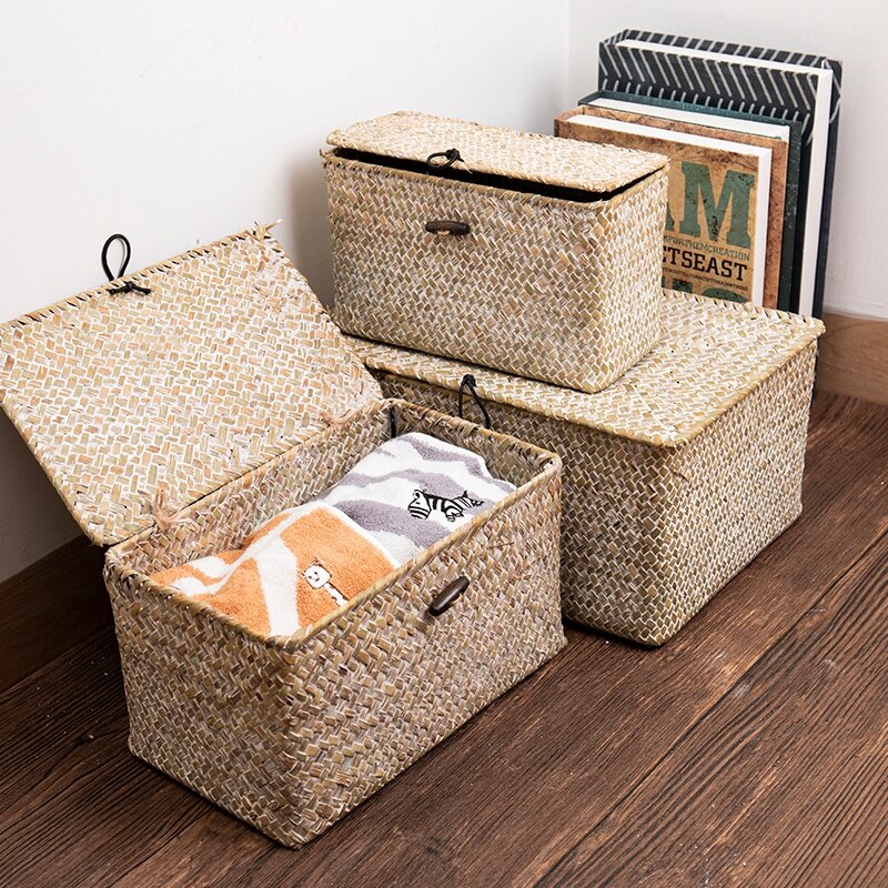 Handmade Woven Storage Baskets Laundry Basket Home Storage Rectangular Storage Box with Lid Sundries Organizer Box