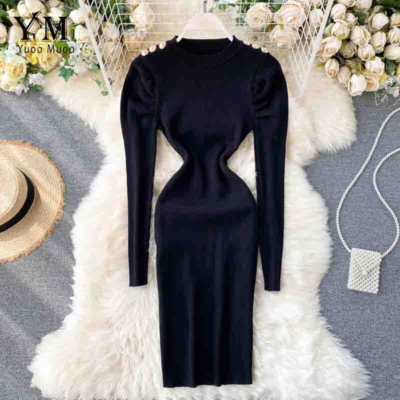 Yuoomuoo Herfst Winter Vrouwen Gebreide Jurk Europa Knoppen Lange Puff Mouwen Elegante Jurk Dames Bodycon Jurk: Black