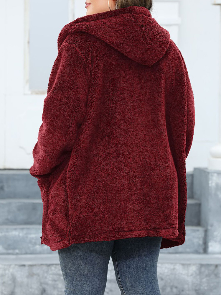Gibsie plus size efterår vinter hættetrøje plys fleece teddyjakke kvinder lommer afslappet solid lynlås imiteret pelsjakke varmt overtøj