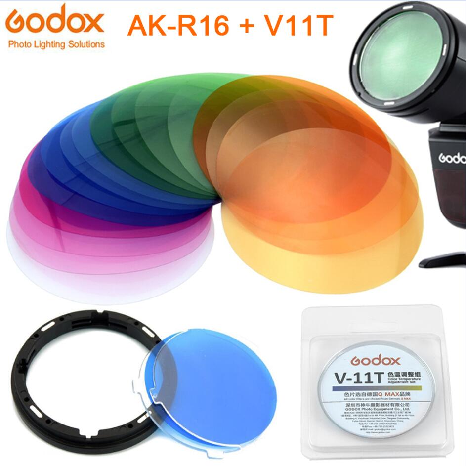 Godox AK-R16 Magnetic Mount Diffuser Plate with V-11C / V-11T Color Effect Gel Set for Godox V1 Series Flash Light Speedlite: AK-R16 with V11T