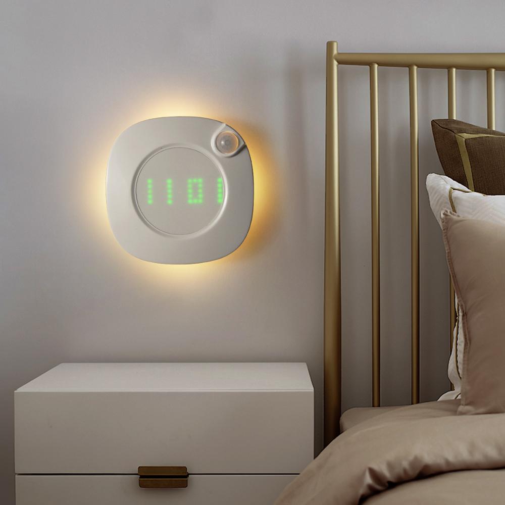 PIR Bewegung Sensor LED Nacht licht Mit Digital Zeit Wanduhr USB Aufladbare LED Zauberstab lampe Für Schlafzimmer Badezimmer Dekoration