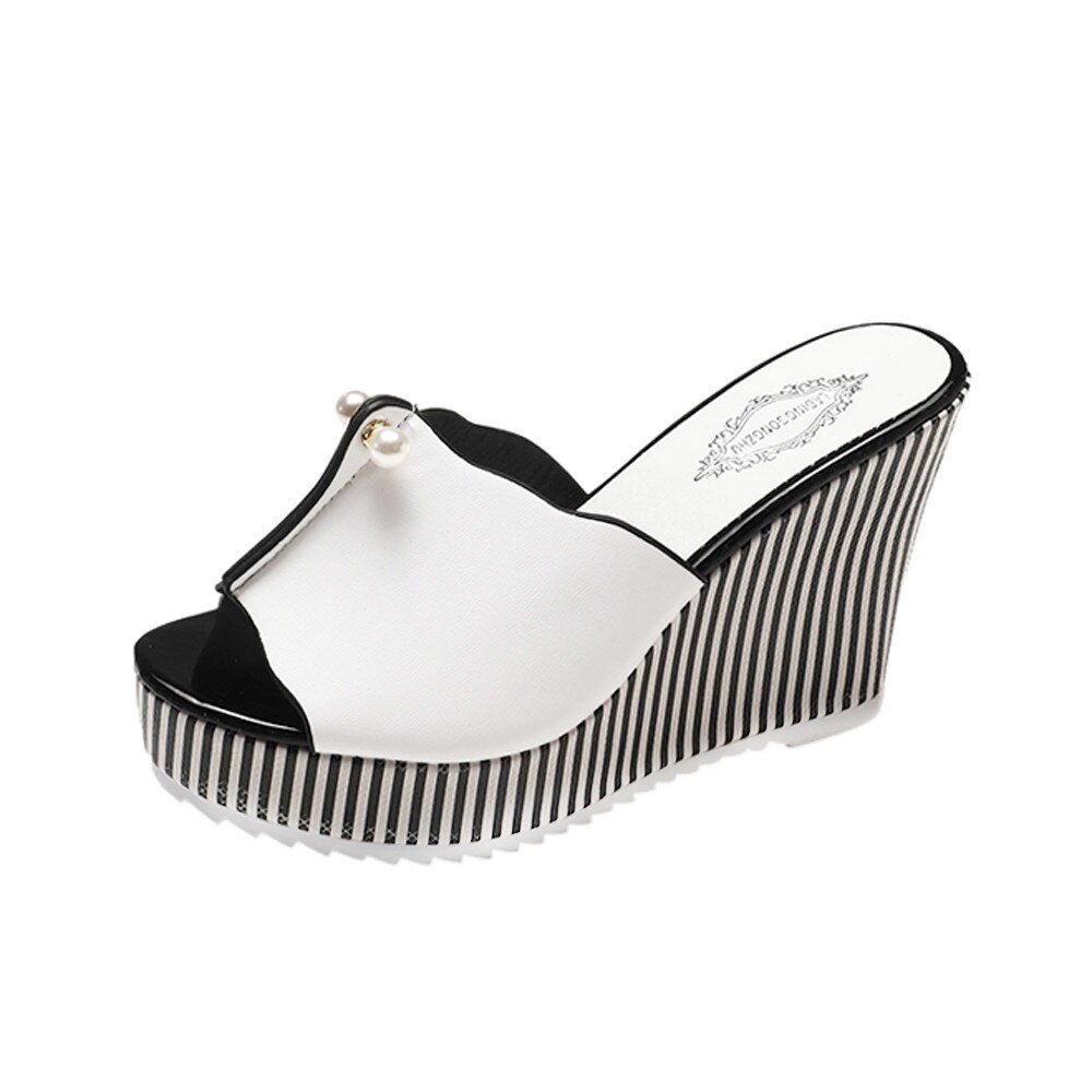 Hoge hakken Strand Slippers Zomer Wiggen Platform Streep Parel Sandalen slippers vrouwen schoenen Sandalias mujer: WHITE / 38
