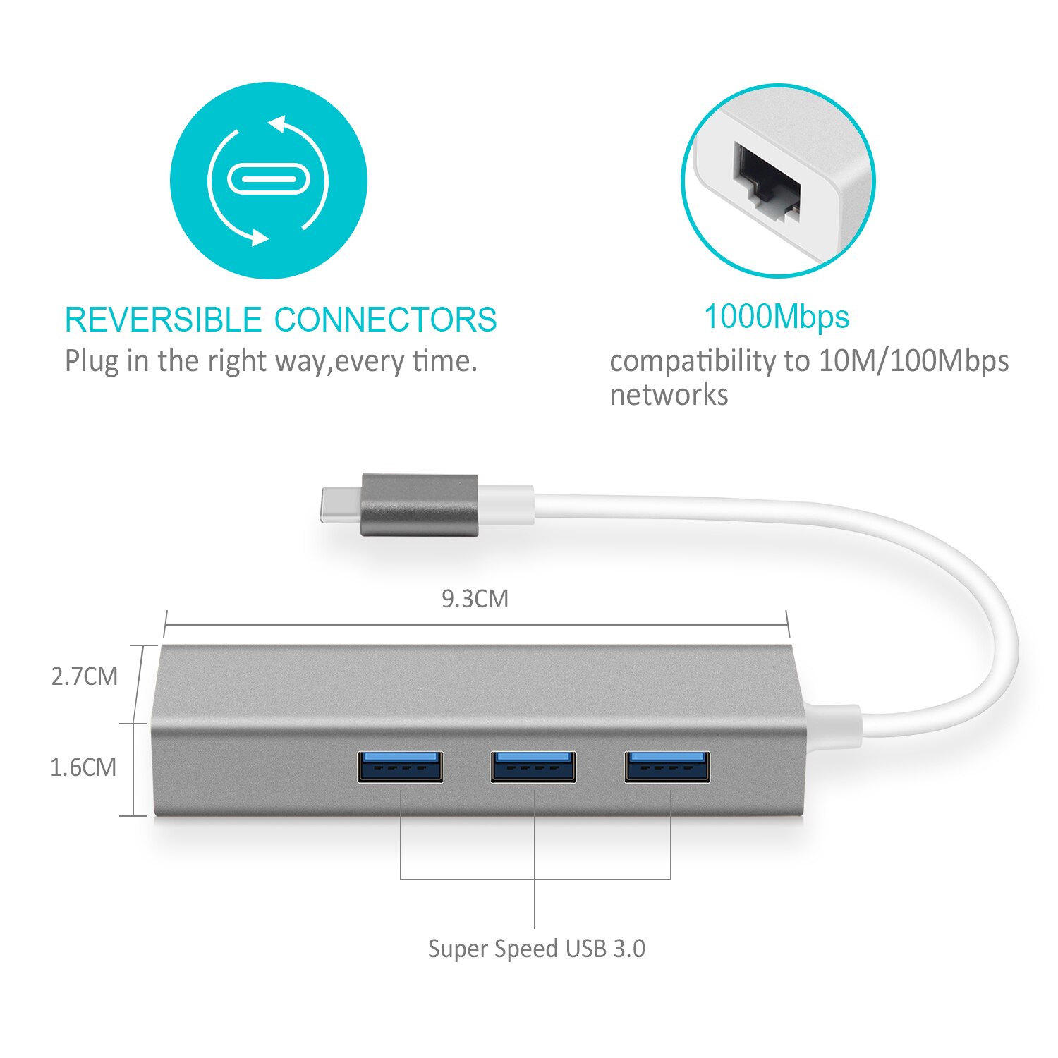 Usb c ethernet-adapter met 3 usb 3.0- hubs voor macbook pro pc, goojodoq usb type c-hub gigabit ethernet  rj45 lan usb c-hub