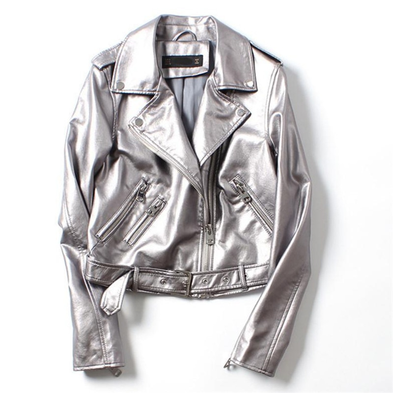 European Station Silver Female Pu Washing Machine Leather Jacket Coats Autumn Winter Belt Leather Jacket White Gold Color