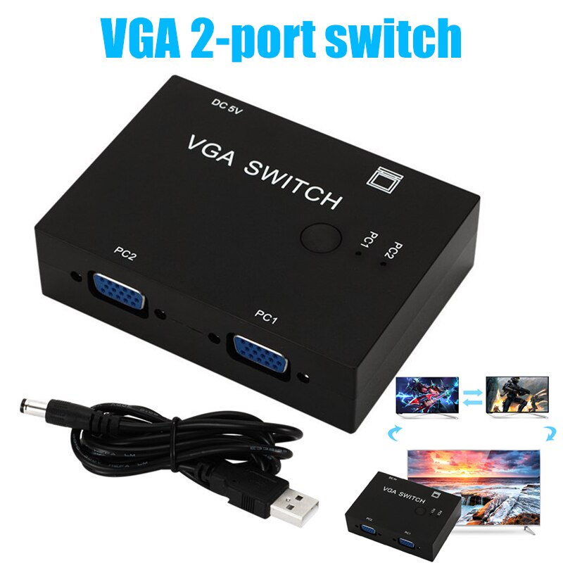 2-Port VGA Monitor Sharing Switch Box Video Selector 2 In 1 Out for HDTV PC Office ND998