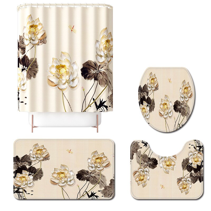 Bloemen Badmat En Douchegordijn Set Flanel Toilet Seat Cover Mat Badkamer Tapijt Antislip Badkamer Vloermat