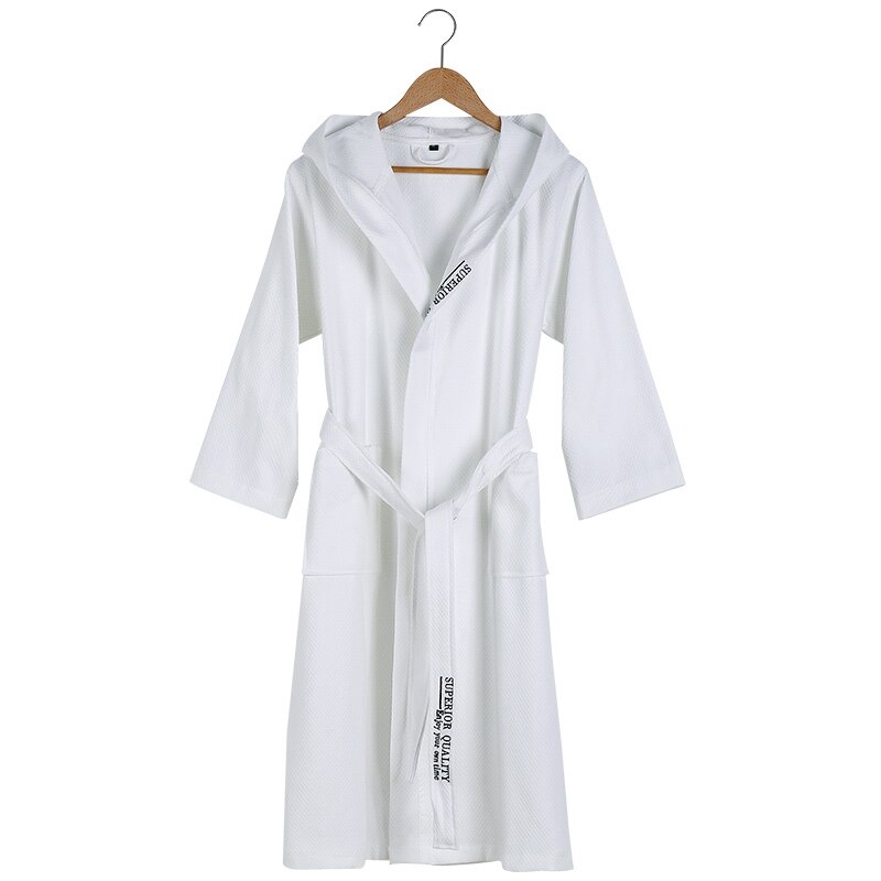 Lovers Summer Waffle Bathrobes Men Hooded 100% Cotton Suck Water Kimono Nightgowns Plus Size XXL Spa Bath Robe Spring Autumn: WHITE / XXL(180-190cm)