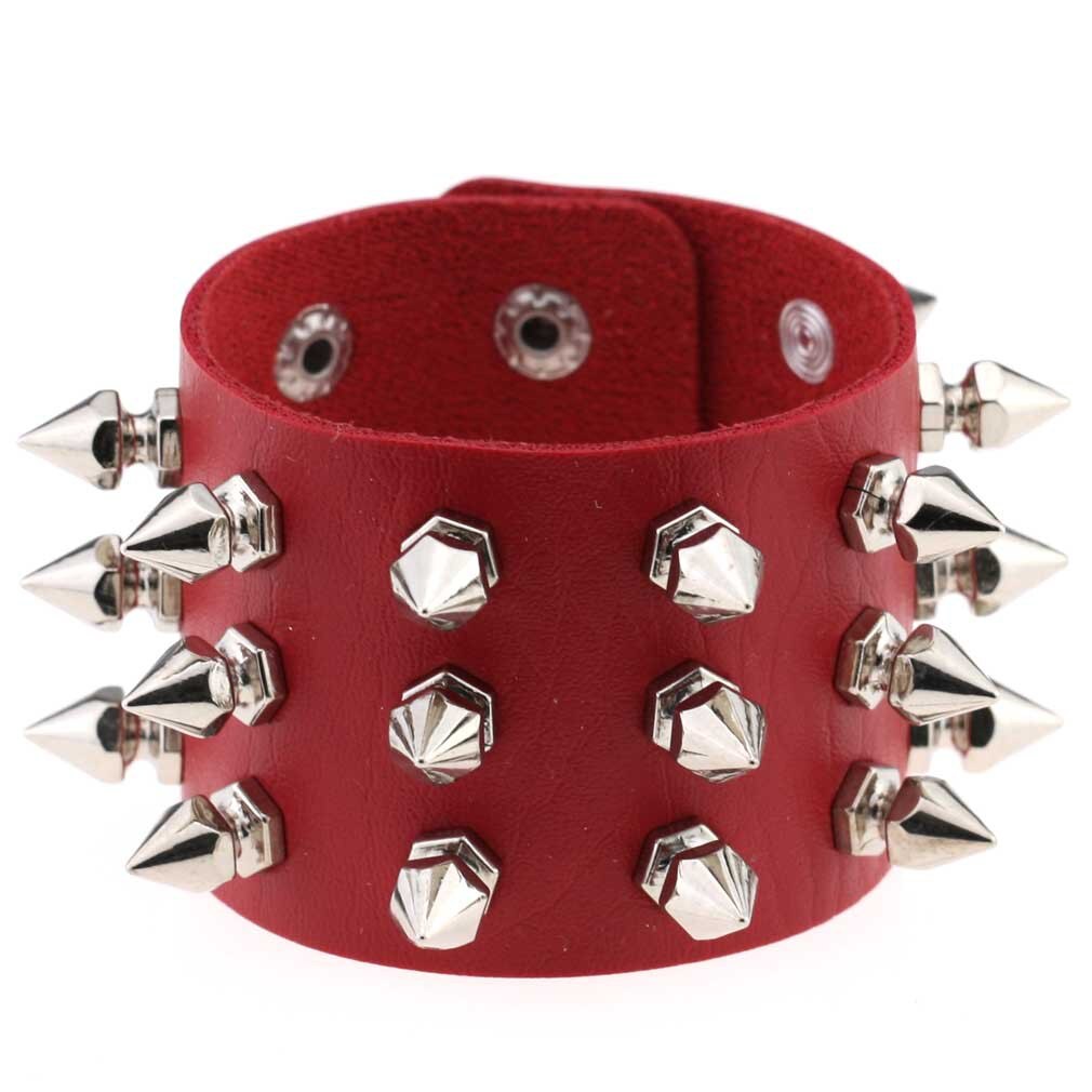 Boho Emo Spike bransoletka sztuczna skóra Punk bransoletki dla kobiet mężczyzn biżuteria Goth dziewczyna chłopiec mankiet Bangle Studded Halloween nadgarstek: P136 Red