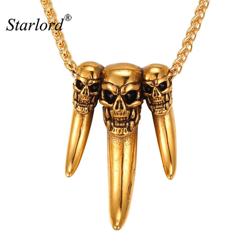 Starlord Punk Wolf Zahn Anhänger Halskette Edelstahl/Gold Farbe 3 Schädel Kopf Charme Amulett Männer Schmuck GP2458